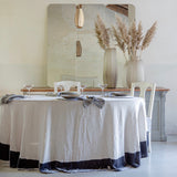round natural linen tablecloth with velvet border, archive sale